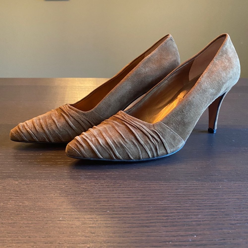 Vintage Anne Klein Ruched Suede Brown Heels - MADE IN ITALY - Size: 7.5